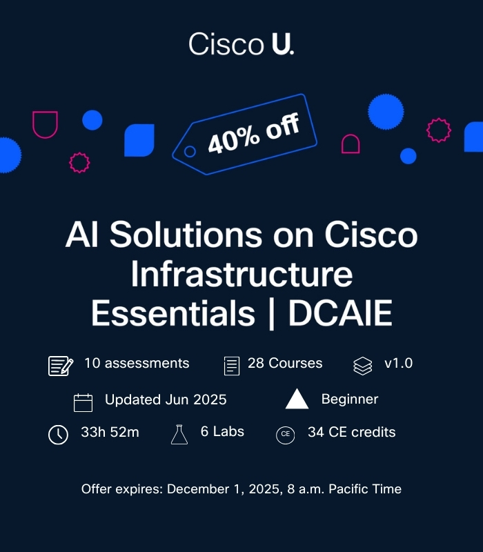 LearningatCisco's tweet image. 🚂💨 If you haven&apos;t jumped on the AI train(ing) yet, here&apos;s your ticket. 

Get on track to AI-powered success with 40% off these #AI Learning Paths:

🔹 Beginner: DCAIE 
🔹🔹🔹 Advanced: DCAIAA 

Shop all Cisco U. Learning Deals: cs.co/60197oQLx