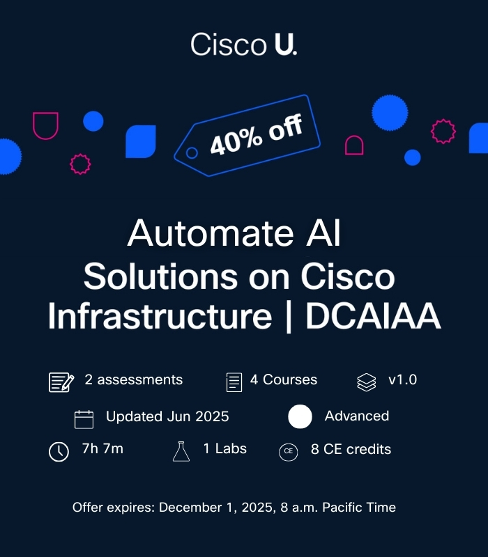 LearningatCisco's tweet image. 🚂💨 If you haven&apos;t jumped on the AI train(ing) yet, here&apos;s your ticket. 

Get on track to AI-powered success with 40% off these #AI Learning Paths:

🔹 Beginner: DCAIE 
🔹🔹🔹 Advanced: DCAIAA 

Shop all Cisco U. Learning Deals: cs.co/60197oQLx