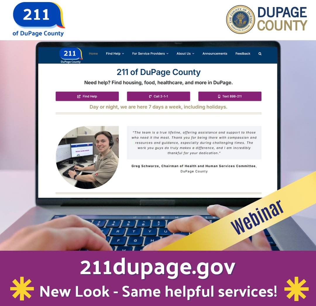 DuPageCountyCS's tweet photo. Do you enjoy helping people and want to learn how to navigate the https://t.co/vo0ZlJ1Pdp database of agencies providing health and human services in the community? Register now for our informational #webinar that will be held at 10 am on Monday, Dec. 8.
#DuPageCounty #Team211 https://t.co/2zV7inJv3r