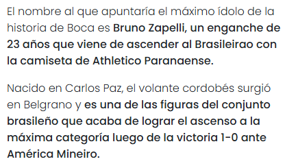 Zapelli a #Boca?
Desde BsAs, mas precisamente El Grafico, informa que entre los jugadores que le gustan a Riquelme esta el nombrede Bruno Zapelli del Paranaense, recordemos que #Belgrano tiene el %50 aún del pase.
<a href="/FanaticosLVdos/">Fanaticos.lvdos</a> 
 elgrafico.com.ar/articulo/merca…