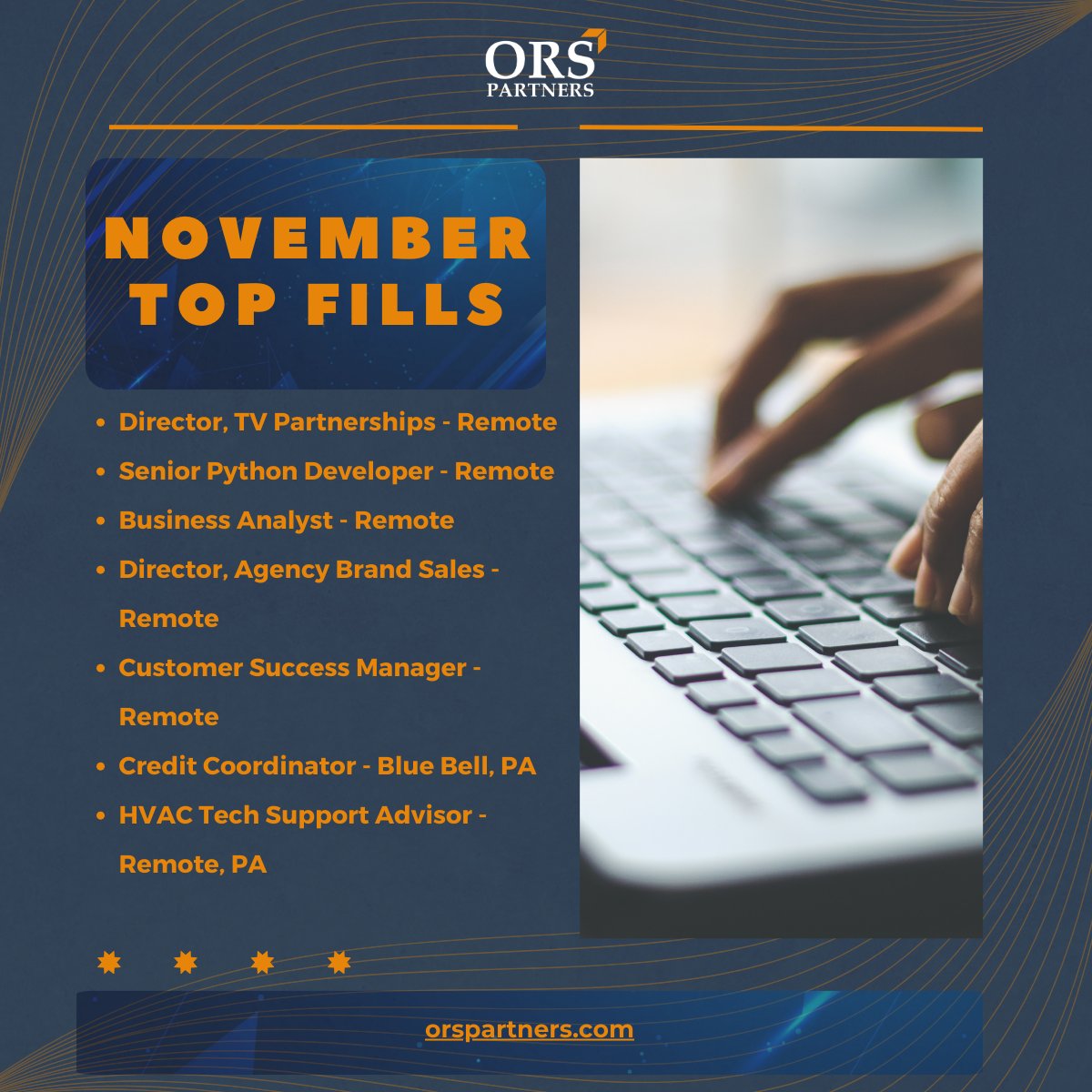 November was full of hiring wins! From key leadership roles to hard-to-fill technical positions, we helped our partners secure top talent before the holiday rush.
 As you plan for a strong start to the new year, ORS Partners is here to help.