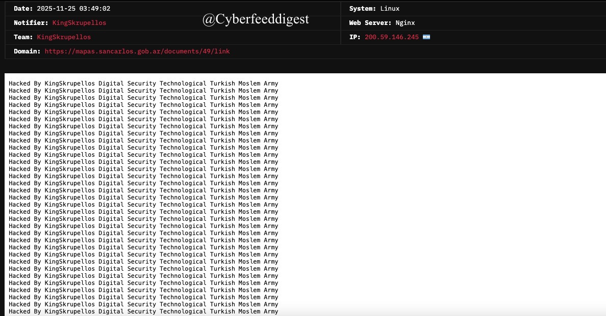 cyberfeeddigest's tweet image. “Governmental website of #Argentina reportedly #Hacked by
Notifier: KingSkrupellos
Team: KingSkrupellos
Domain (defanged): hxxps://mapas[.]sancarlos[.]gob[.]ar/documents/49/link”

#Defacement #Hack