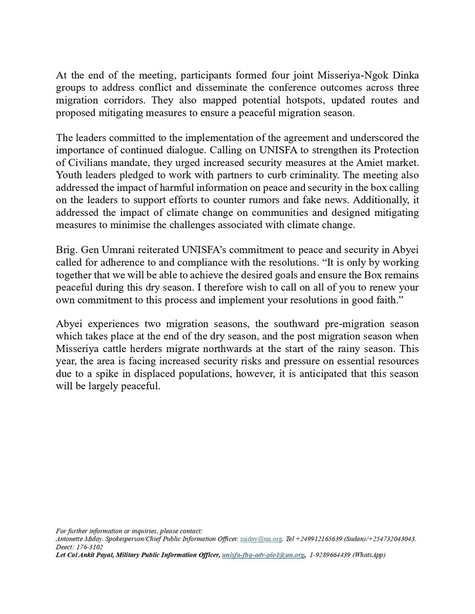 🕊️🕊️  #مجداً_للسلام
📌 دينكا نقوك والمسيرية يجددون عهد السلام: اتفاق تاريخي لحماية الأرواح ومسارات الهجرة في أبيي.
- قوة الأمم المتحدة المؤقتة فى أبيي: مجتمعا دينكا نقوك والمسيرية يجددان التعهّد بمنع النزاع في مؤتمر ما قبل الهجرة
أبيي، 25 نوفمبر 2025 

▪️ بعد ثلاثة أيام من الحوار