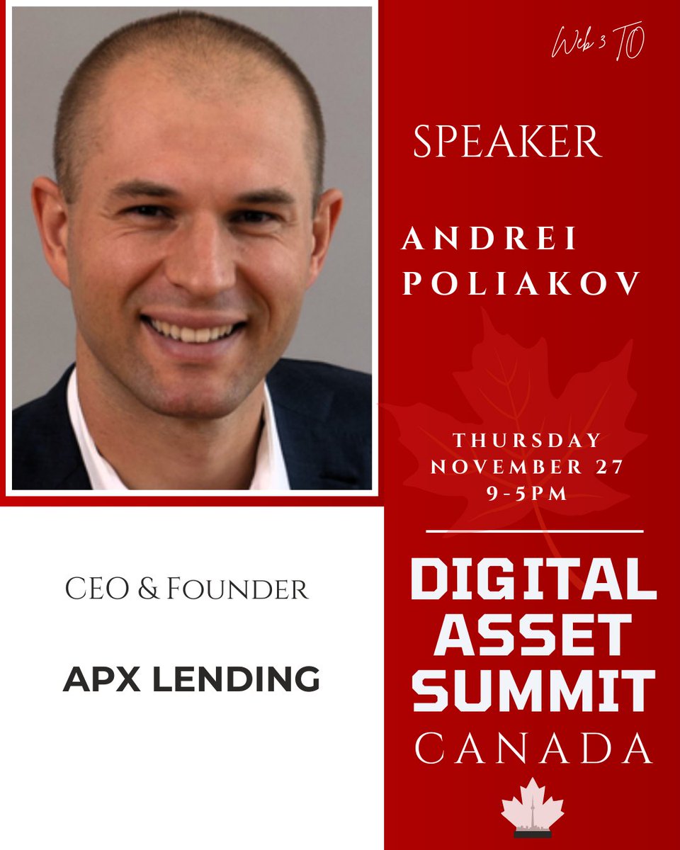 Web3To's tweet image. 🚀 Speaker Lineup Update – Digital Asset Summit Canada

• Andrei Poliakov – CEO &amp;amp; Founder @APXLending 
• Amir Pahlevanpour – Director, Business Development, @OCInnovation 
• Robert Jackson – Head of Sales, @VirgoCXWealth 
• Michael Gord @mgordgda – Founder &amp;amp; CEO, @gda_capital…