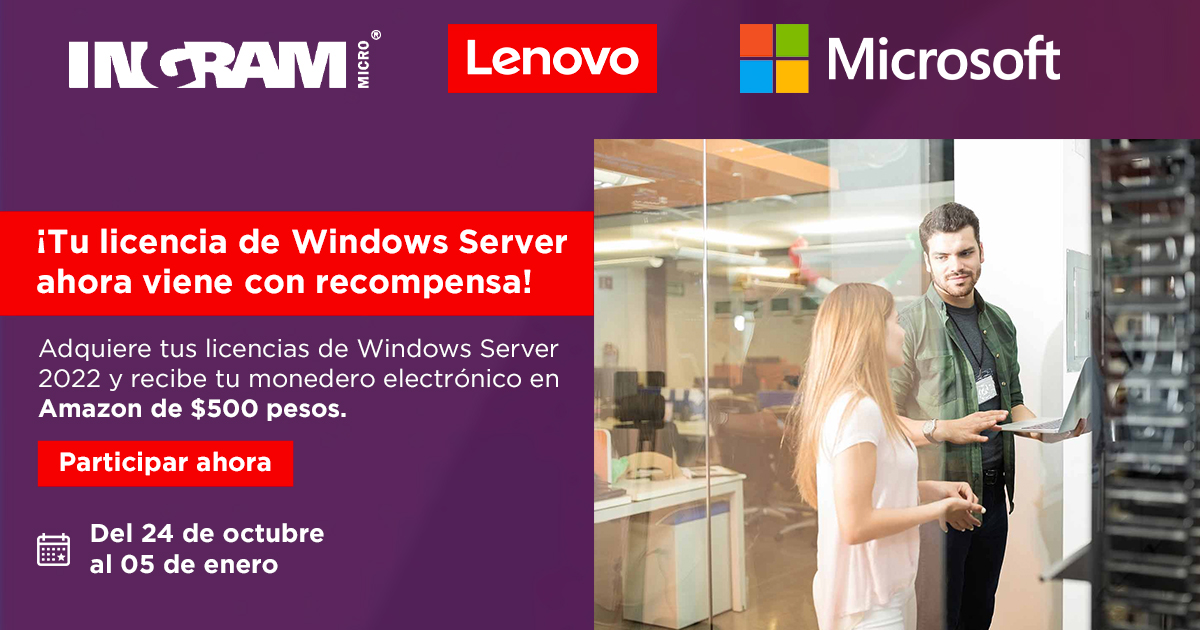 IngramMicroMx's tweet image. 🎉 ¡Compra tu licencia de Windows Server 2022 y recibe $500 en Amazon! 🎉
🔹 Válido del 24 de octubre al 5 de enero.
🔹 Participa ahora con Lenovo e Ingram Micro.
👉 ¡No te lo pierdas!
#WindowsServer #Promoción #Tecnología