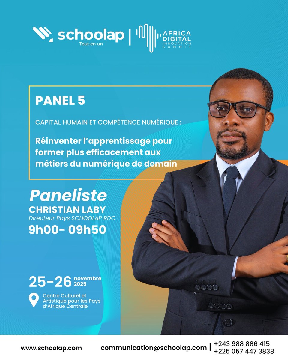 <a href="/SCHOOLAP_/">SCHOOLAP FR (Français)</a> réaffirme son engagement pour une éducation moderne et accessible en RDC. 

Ce 26 nov., notre Directeur Pays RDC <a href="/labychrist/">Christian Laby Sila</a> prendra la parole au Panel 5 - #ADIS2025 sur le thème : « Réinventer l’apprentissage pour les métiers du numérique de demain ».

Un échange