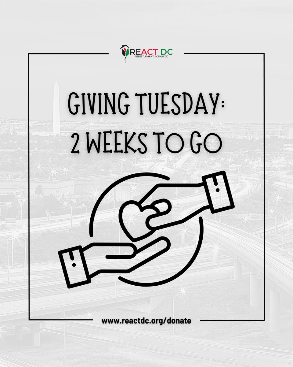 reactdcorg's tweet image. 📢 1 Week Until #GivingTuesday!
In just 7 days, you can make a life-changing impact for DC refugee families. 💛
Mark your calendars &amp;amp; give early: reactdc.org/donate

#RefugeeSupport #REACTDC