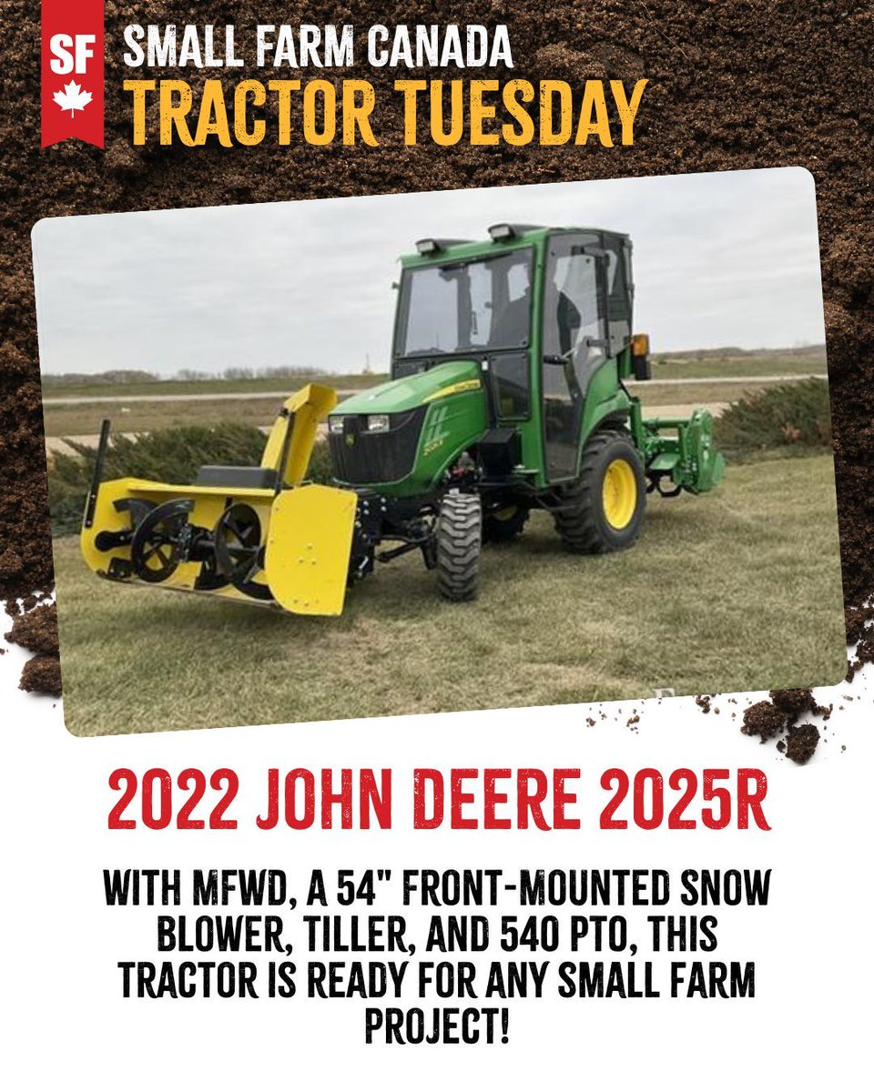 It's Tractor Tuesday!

This week, we are looking at the 2022 John Deere 2025R.

With a 54" Front-Mounted Snow Blower, Tiller, 540 PTO, and a 2-Speed Hydro Transmission, this tractor is ready for any small farm project!

<a href="/Brandt_AG/">Brandt Agriculture</a> has all the specs here ⏬