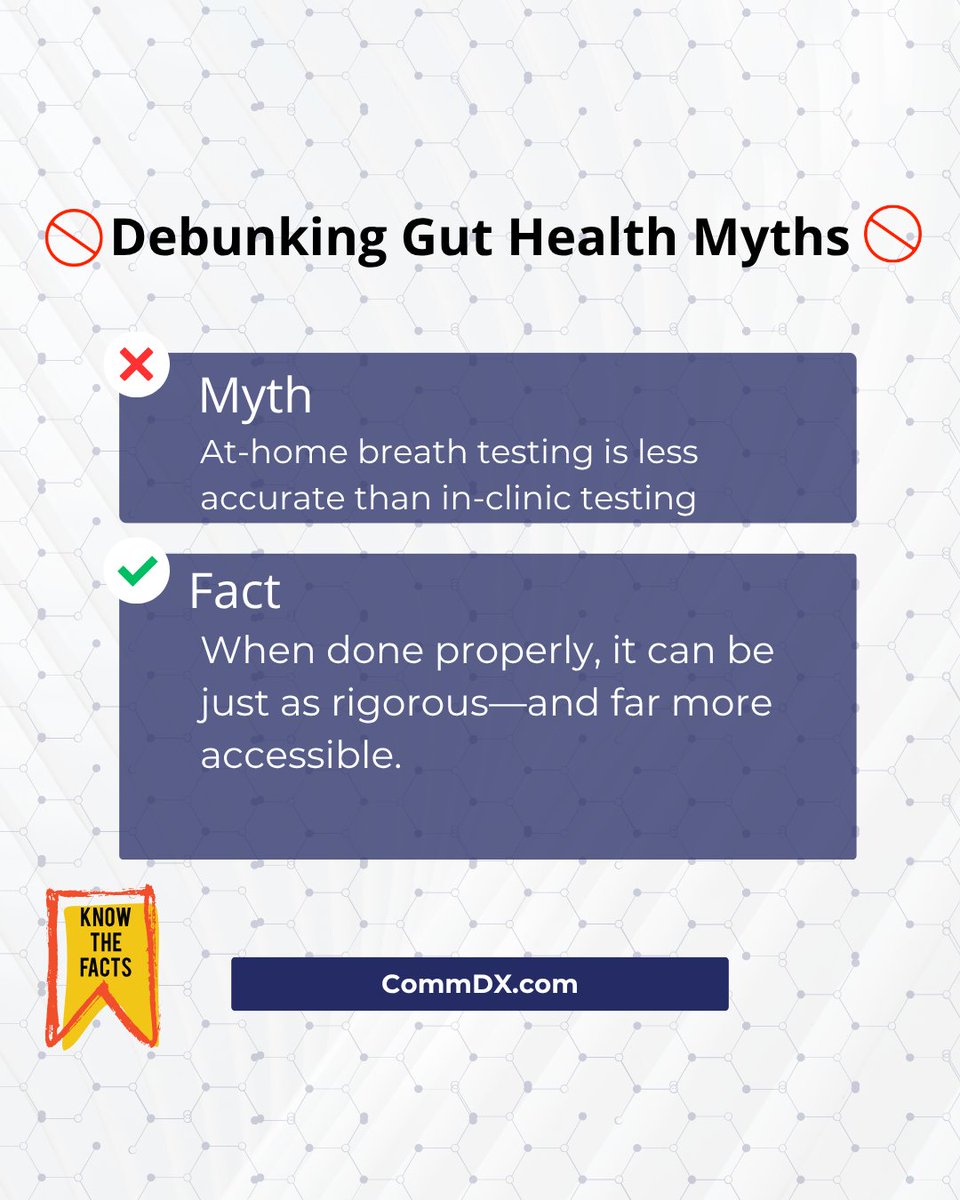 CraigStrasnick's tweet image. 🚫 Myth: At-home breath testing is less accurate than in-clinic testing.

✅ Fact: When done properly, it can be just as rigorous—and far more accessible.

📖 Learn more about how workflow and methodology drive reliable results at commdx.com

#MythBusting #GIHealth