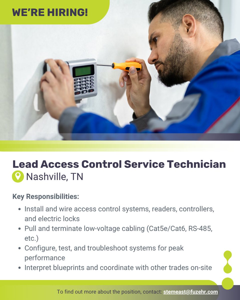 FuzehrUSA's tweet image. We’re Hiring! Lead Access Control Service Technician – Nashville, TN
Apply today by emailing your resume to stemeast@fuzehr.com

#AccessControl #LowVoltage #NashvilleJobs #NowHiring #FuzeHRUSA #ElectricalJobs #InstallationTechnician #Tennessee #USA