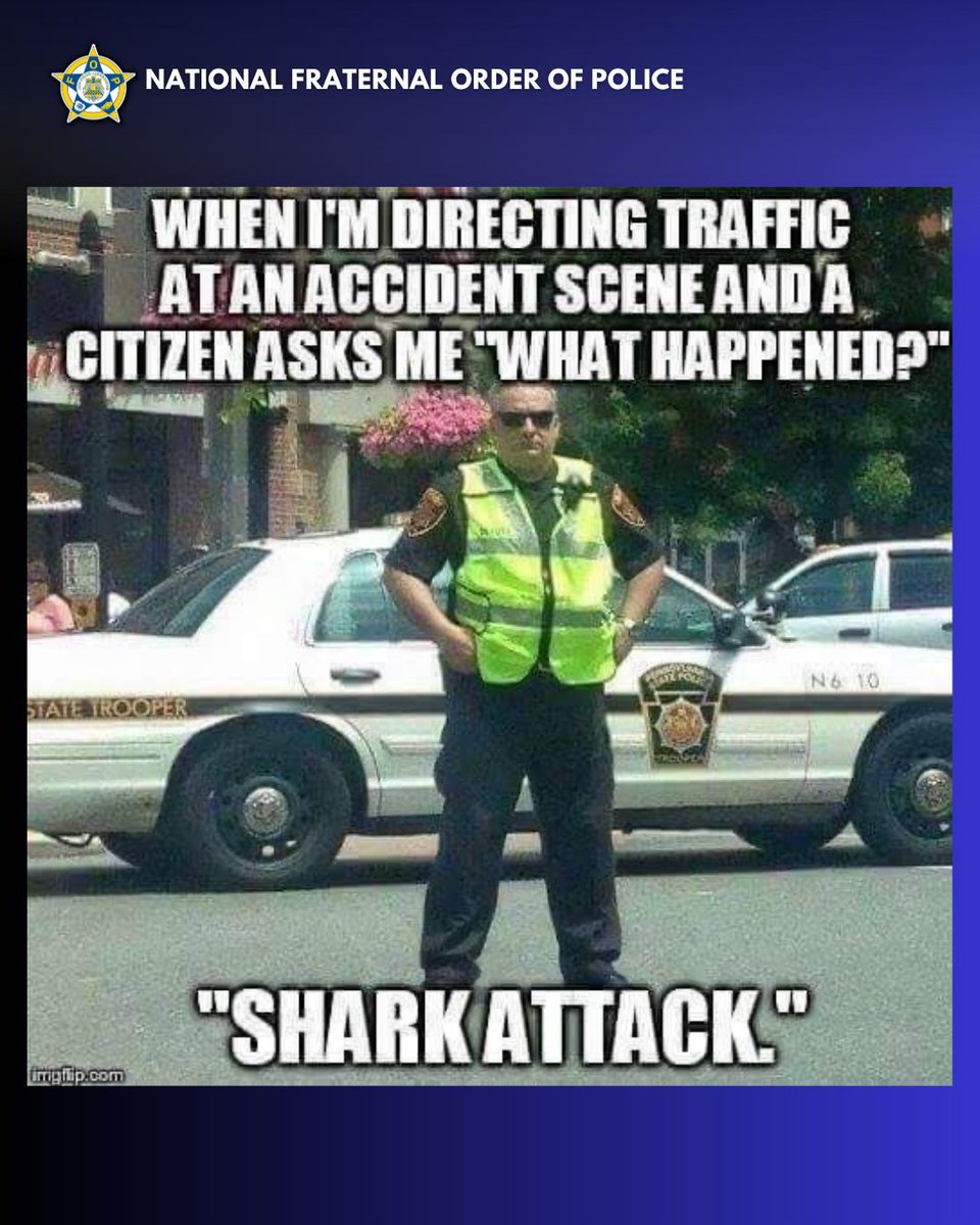 GLFOP's tweet image. Citizen: ‘What happened here?’
Me: ‘Sharknado. Happens every Tuesday.’ 🦈🌪
#LawEnforcementHumor #CopLife #PoliceLife #CopsAtWork #SarcasticCops
Credit to rightful owners. Used for informational purposes