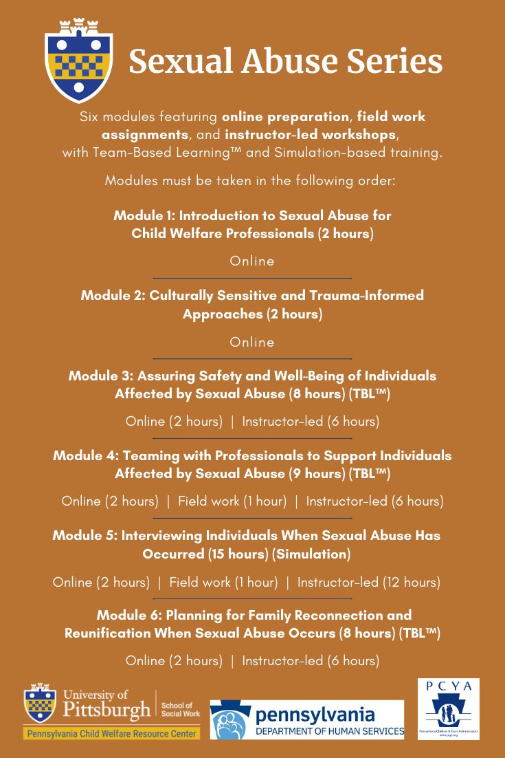 ThePACWRC's tweet image. ICYMI: Our redesigned Sexual Abuse Series (SAS) is officially here! Learn more about this six-module certification series for Pennsylvania caseworkers and child welfare supervisors at the SAS landing page: pacwrc.pitt.edu/SAS.htm #SAStrainingseries #childwelfare