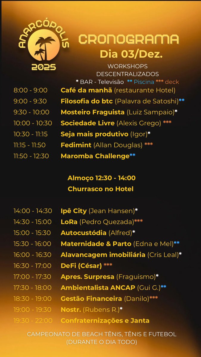 anarcopolis_'s tweet photo. Programação da Anarcópolis 2025
Garanta seu ingresso em: https://t.co/SEWHORnpbe até dia 27/11
Ou presencialmente no evento
Saiba mais no site: https://t.co/pJKQQ90l5h https://t.co/f8zPRwb5r7