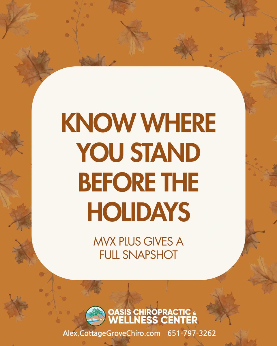 DrAlexSheppard's tweet image. MVX Plus gives a full snapshot of your current health — so you can head into the holidays balanced, energized, and confident.

📞 651-797-3262 | 🌐 alex.cottagegrovechiro.com

#HolidayHealth #PreventiveCare #FunctionalTesting #RestoreBalance