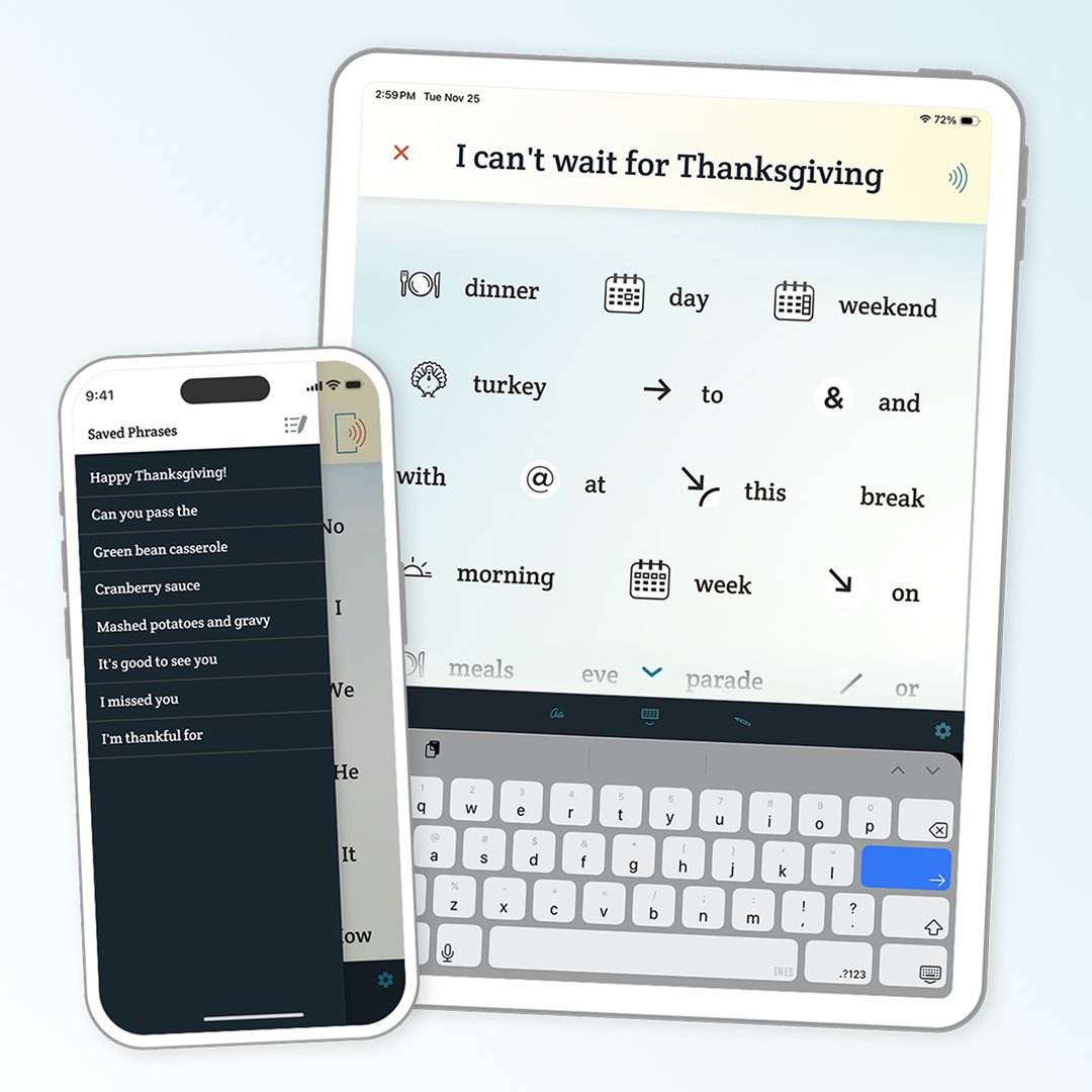 SpokenAAC's tweet image. Big family gatherings can be tough for relatives who struggle with speech. Don&apos;t let them feel left out at the table -- help them try Spoken so they can jump into the conversation too! Available on Apple and Android. #aphasia #strokerecovery #thanksgiving