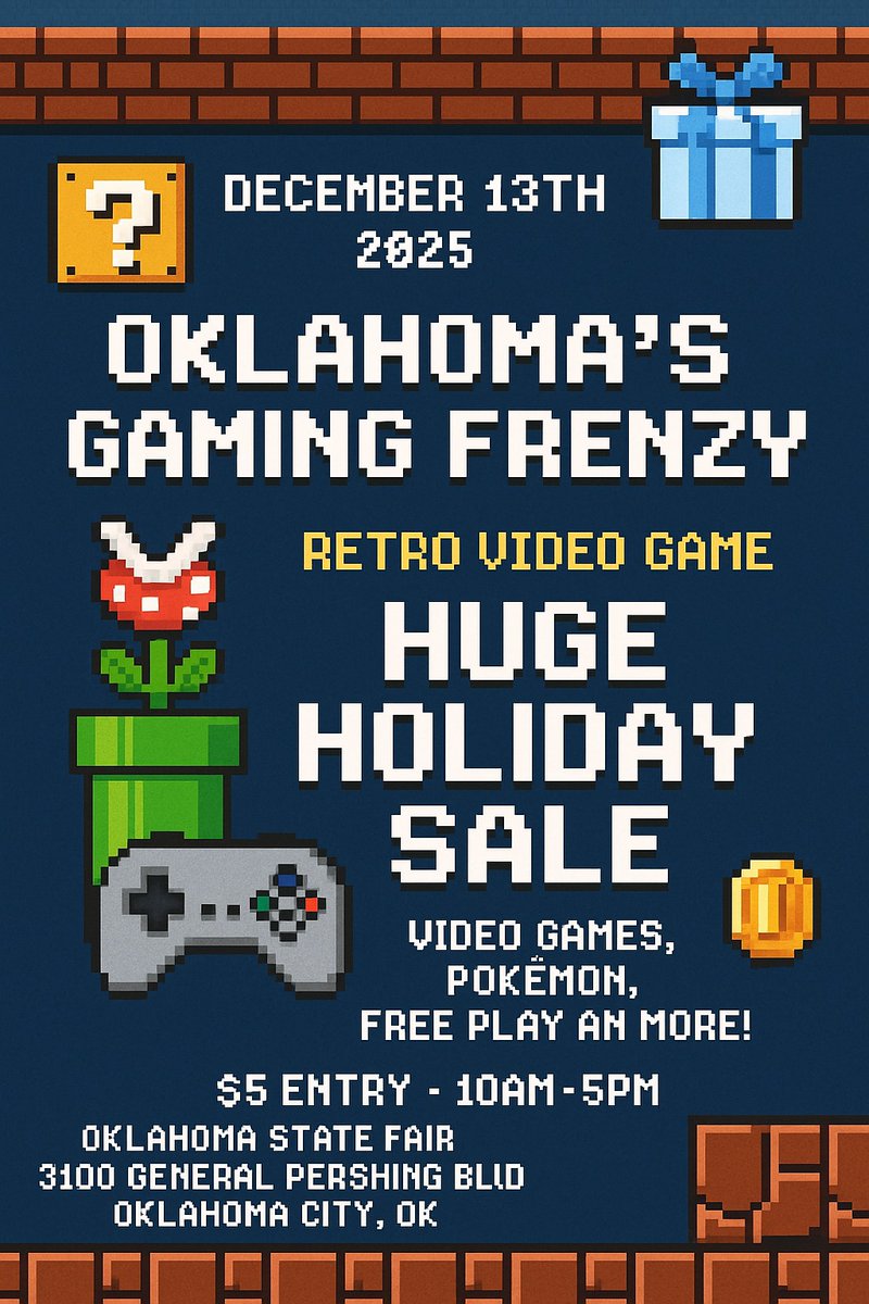 🎄🎮 Who’s ready for HOLIDAY DEALS?! 🎮🎄
It’s never too early to plan a family day - and Oklahoma’s Gaming Frenzy is the perfect way to kick off the season! 💥
🗓 Mark your calendars:
📅 December 13th, 2025
🎟 $5 entry!

More info here 👉 bit.ly/3M9TJCB
