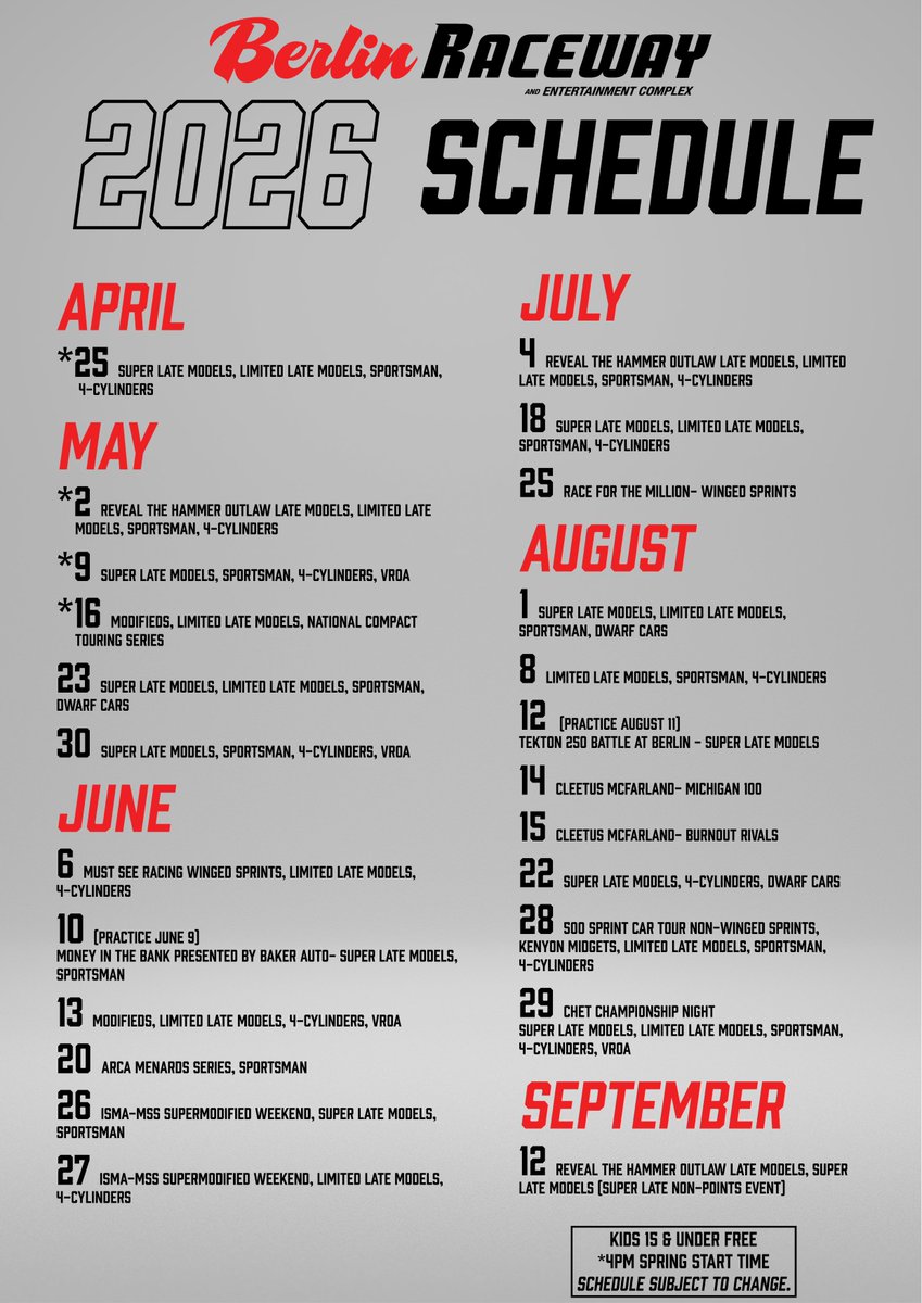 BerlinRaceway's tweet image. The moment we&apos;ve all been waiting for📷
Your 2026 Berlin Raceway schedule 📷
What are you looking forward to?
#wherespeedbelongs