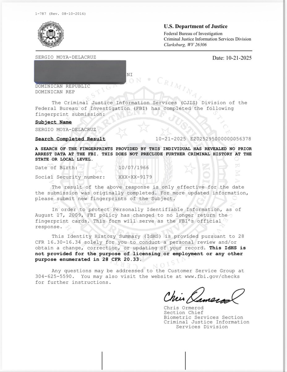 masinformadoRD's tweet image. DEPARTAMENTO DE JUSTICIA ESTADOS UNIDOS  &amp;amp; FBI CERTIFICAN SOBRE DIPUTADO SERGIO MOYA (GORY), HASTA EL 21/10/2025.

Según una certificación de fecha 21/10/2025 del Department of Justice, 
Federal Bureau of Investigation (FBI)
Criminal Justice Information Services Division,…