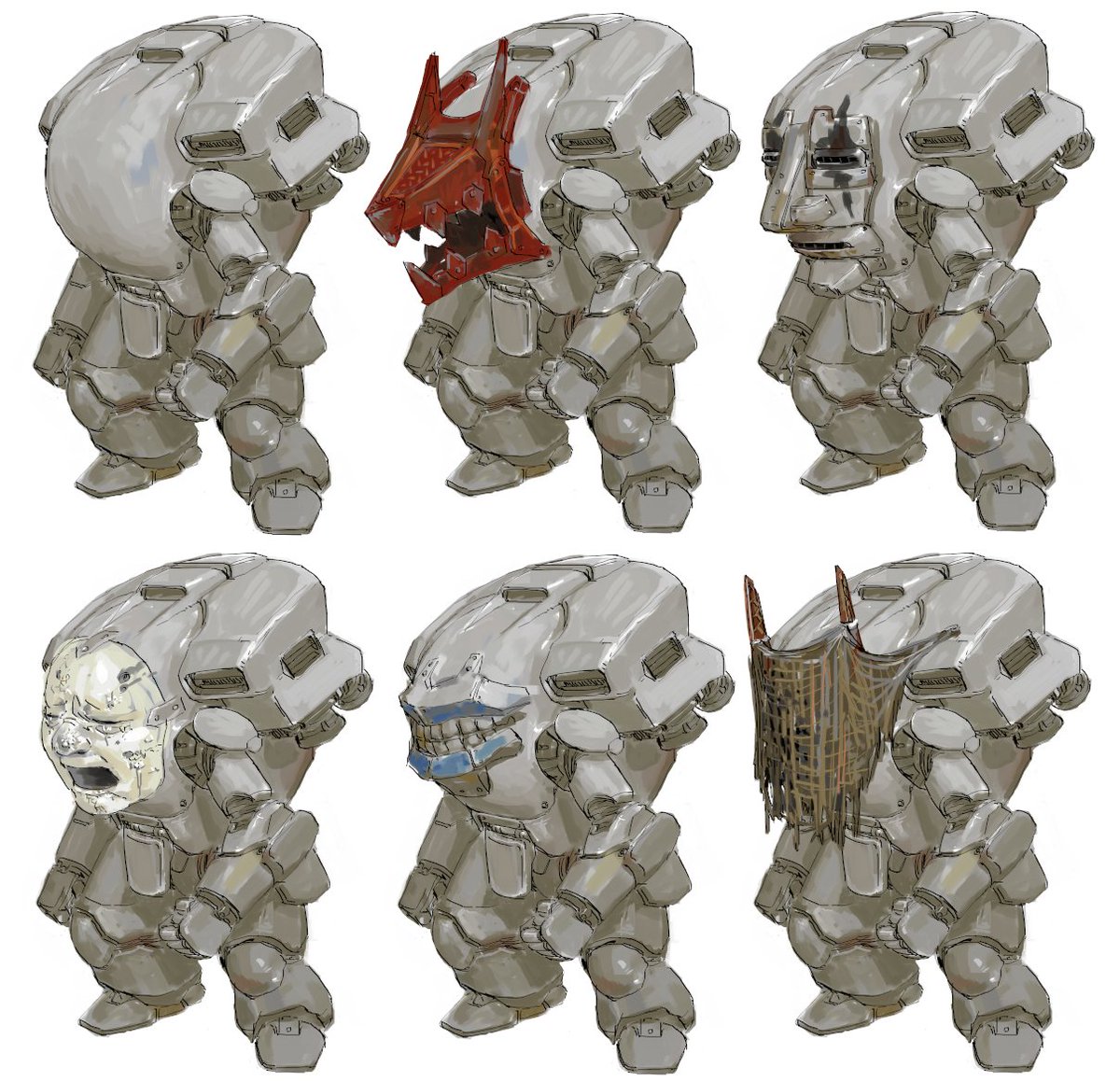 I always liked the big, plain faceplate of Maschinen Krieger designs, so I was thinking about how maybe different users would graft different things or designs onto the front of their suit to represent their unit or faction or personal taste