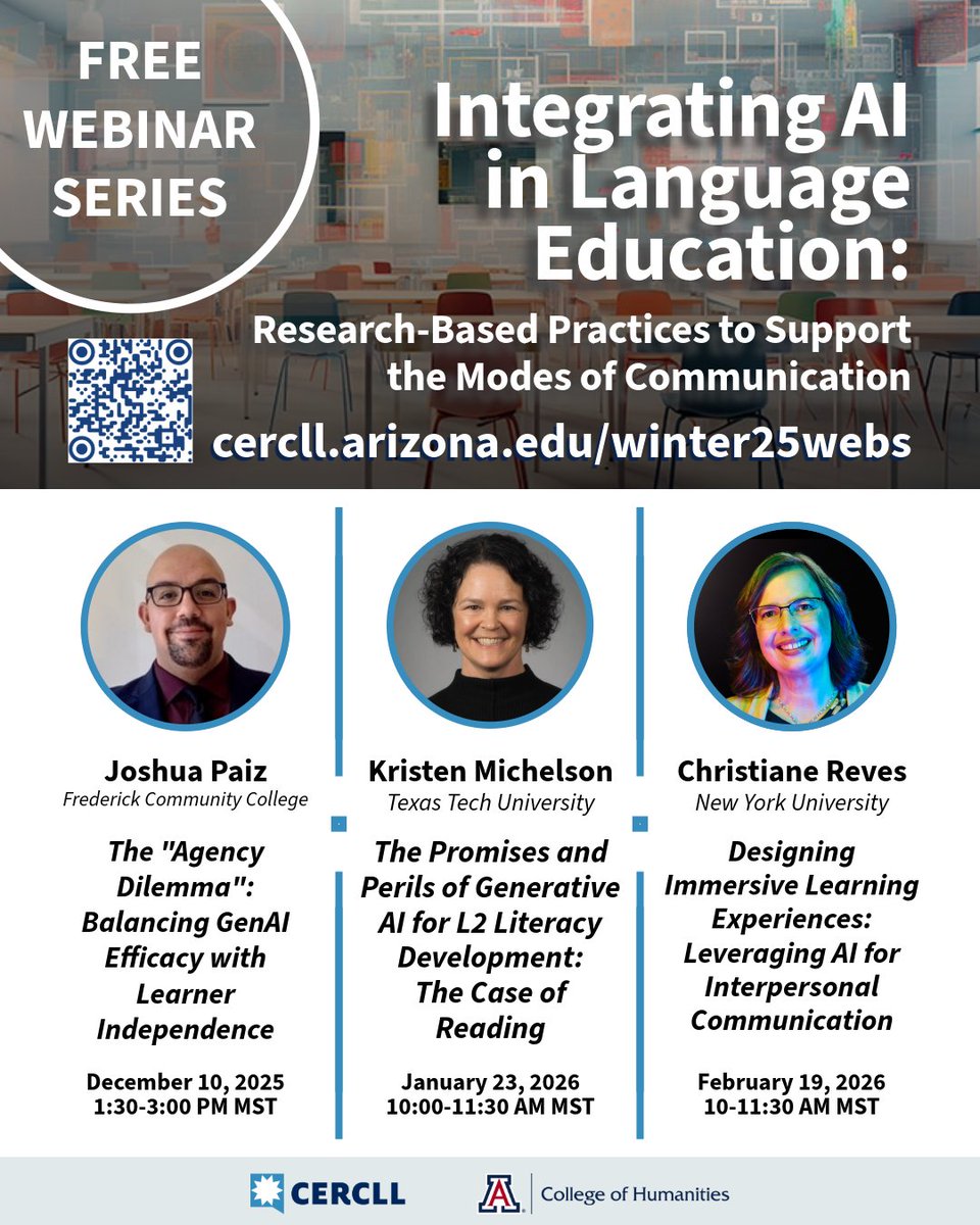 CERCLL's tweet image. Free series: 𝙄𝙣𝙩𝙚𝙜𝙧𝙖𝙩𝙞𝙣𝙜 𝘼𝙄 𝙞𝙣 𝙇𝙖𝙣𝙜𝙪𝙖𝙜𝙚 𝙀𝙙𝙪𝙘𝙖𝙩𝙞𝙤𝙣: 𝙍𝙚𝙨𝙚𝙖𝙧𝙘𝙝-𝘽𝙖𝙨𝙚𝙙 𝙋𝙧𝙖𝙘𝙩𝙞𝙘𝙚𝙨 𝙩𝙤 𝙎𝙪𝙥𝙥𝙤𝙧𝙩 𝙩𝙝𝙚 𝙈𝙤𝙙𝙚𝙨 𝙤𝙛 𝘾𝙤𝙢𝙢𝙪𝙣𝙞𝙘𝙖𝙩𝙞𝙤𝙣! December-February👉 Details &amp;amp; registration: cercll.arizona.edu/winter25webs/
#langchat