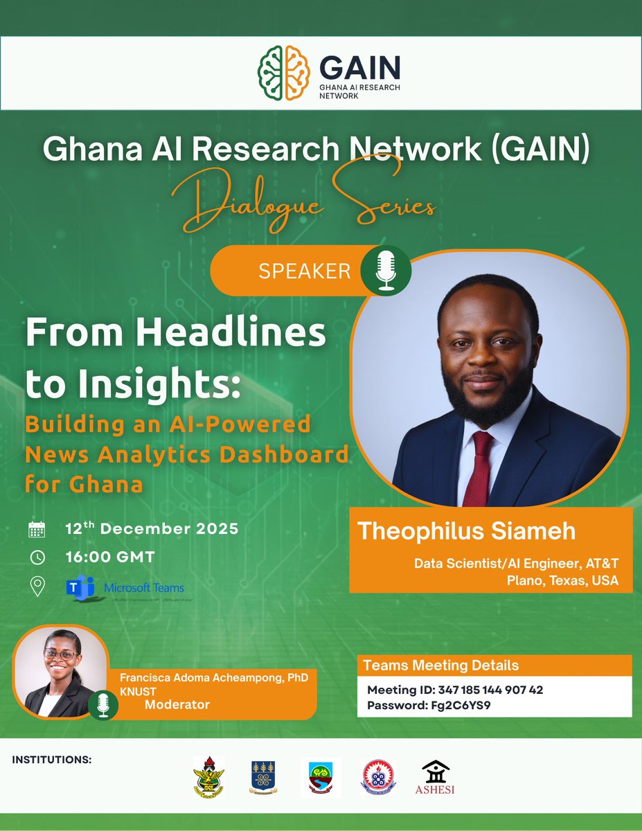GhAIResNet's tweet photo. Ghana’s news is loud and scattered — so we’re building a system to make sense of it.

Join our hands-on session with @tsiameh  (Data Scientist, AT&amp;T) as we scrape news, analyse sentiment with LLMs, and build a live Streamlit dashboard showing real trends across Ghana. https://t.co/WdqO1uftUZ