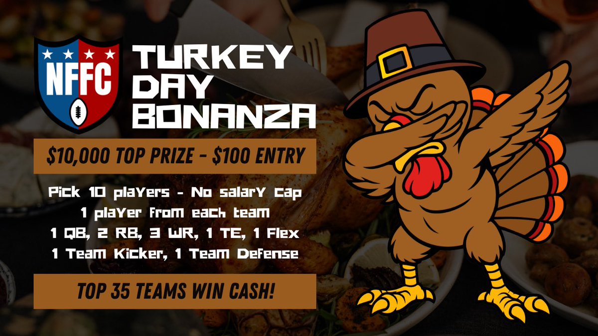 What’s better than stuffing? Stuffing AND Fantasy Football! Join the NFFC’s Turkey Day Bonanza between now and kick off of Thursday’s games 🏈 nfc.shgn.com/lobby