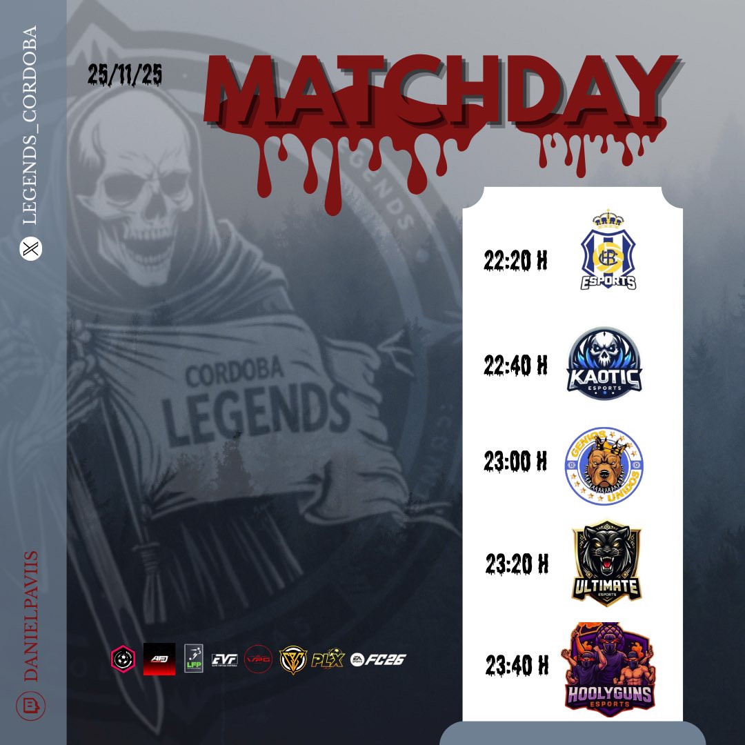 ⚽️MATCH DAY 25/11/25⚽️

🏆 | <a href="/VPCL_Spain/">VPCL España</a> 🆚 <a href="/recreoficial/">RC Recreativo de Huelva</a> ⏰22:20H

🏆| <a href="/AFJLeague/">AFJ España 🇪🇸 🎮</a> 🆚 <a href="/kaoticesports_/">kaotic</a> ⏰22:40H

🏆| <a href="/VPG_Spain/">Virtual Pro Gaming España</a> 🆚 <a href="/AridanyD/">Genios Unidos</a> ⏰23:00H - 🆚 <a href="/UltimateEsp17/">Ultimate Esports</a> ⏰23:20H

🏆| <a href="/CPG__eSports/">Competitive Pro Gaming</a> 🆚 <a href="/HoolygunsEs/">HoolygunsEs</a> ⏰23:40H

📺 <a href="/danielpaviis/">Daniel pavon</a>
#CDL #Fc26 #fifa #clubespro