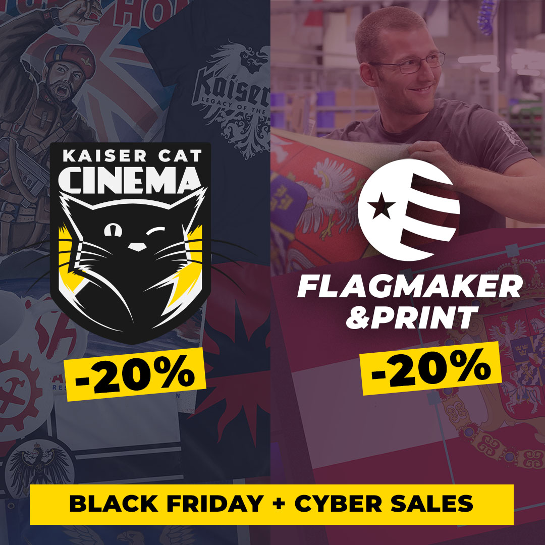 kaisercatcinema's tweet image. Our Black Friday + Cyber sales have kicked off! 20% off all merch until Dec. 2. Check out kaisercatcinema.com and flagmaker-print.com to get some merch at a great discount #flagmaker #althistory #merchandise