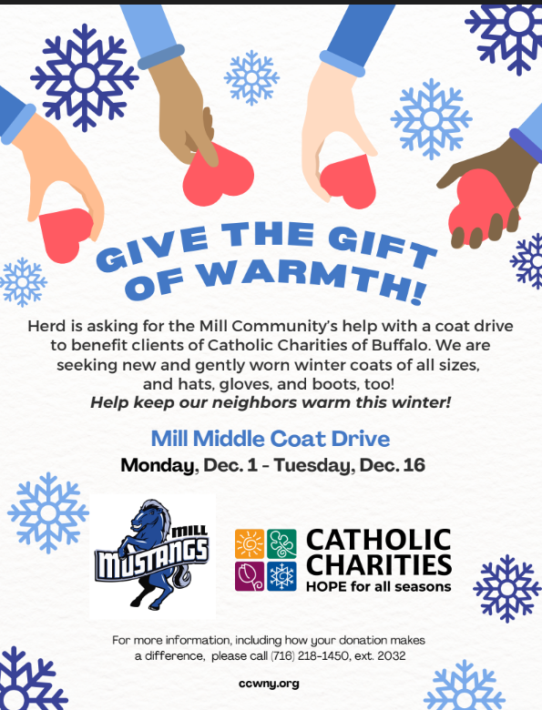 Have you tried on your cold weather clothing? If it's too small, and in good condition, then send it to Mill! Beginning Monday, we are collecting new and gently used warm clothing for Catholic Charities. Coats, gloves, hats, scarves, and boots are needed for our WNY neighbors.