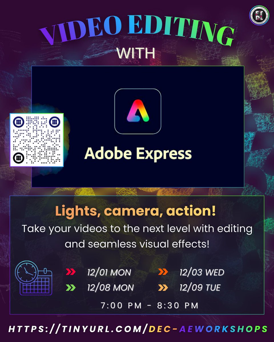 BCFacultyLab's tweet image. 🌟 Lights, camera, editing! 🎬 Say goodbye to complicated video editing &amp;amp; hello to Adobe Express!  Join these FREE workshops &amp;amp; take your editing skills to the next level 🎥