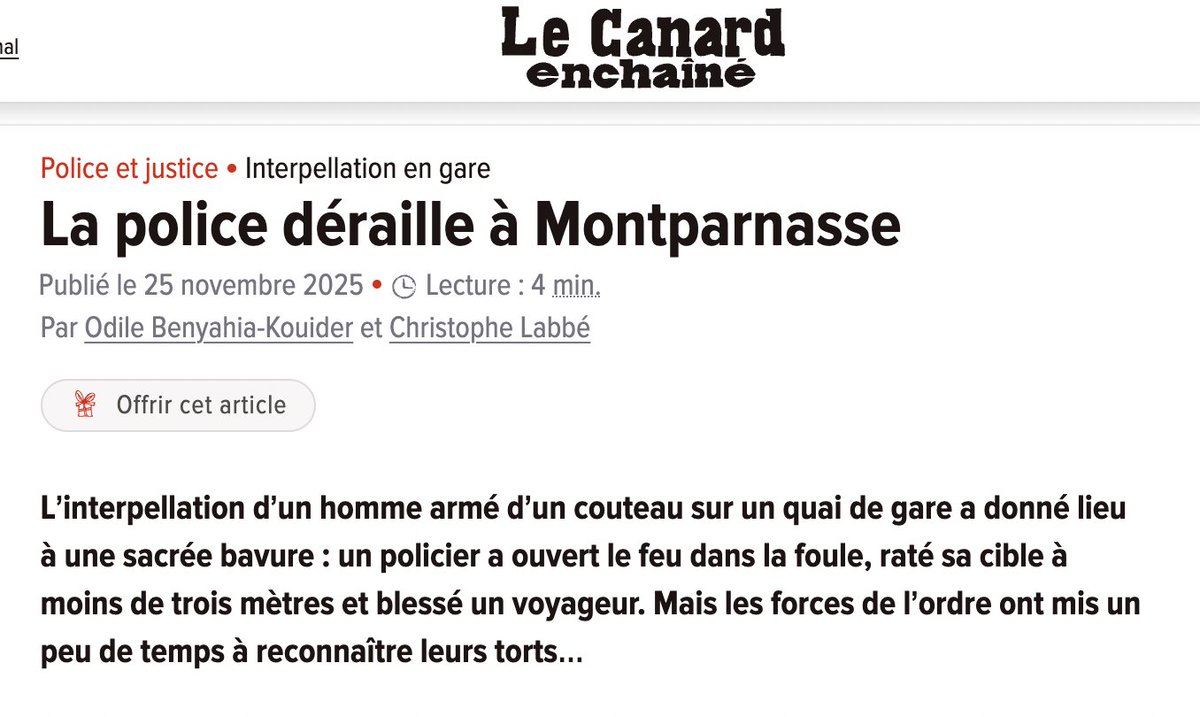 Lors de l’interpellation d’un homme armé d’un couteau sur le quai de Montparnasse, un policier a ouvert le feu dans la foule et a blessé un voyageur. 

Pour se couvrir, son équipage a ensuite menti devant l'IGPN avant de changer de version face aux images 
lecanardenchaine.fr/police-justice…