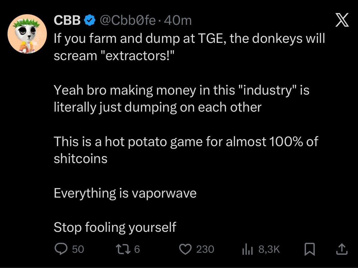 sjdedic's tweet image. The perfect, living example of what’s wrong with this space.

As long as we allow it, extractors will keep extracting, it’s an obvious vicious cycle.

Stop handing out ridiculous incentives and airdrops; they attract nothing but worthless and toxic participants.

Start building…