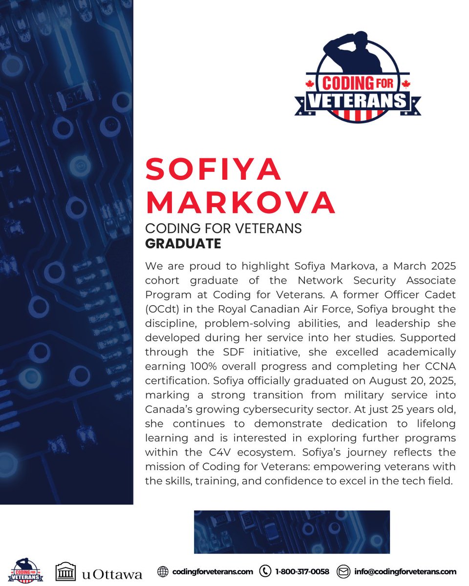 Coding4Veterans's tweet image. Congratulations to Sofiya Markova from our March 2025 cohort! A standout example of dedication and excellence at Coding for Veterans.