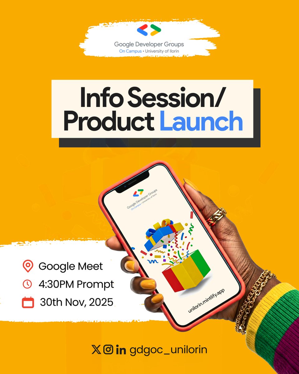 gdgoc_unilorin's tweet image. 🚨 It’s Official!
GDGoC Unilorin is hosting its Info Session &amp;amp; Product Launch this Sunday, 4:30 PM!

RSVP 👉 gdg.community.dev/events/details…

Tell a friend. Pull up. 🚀
#GDGoCUnilorin #TechLaunch #InfoSession #BuildWithUs