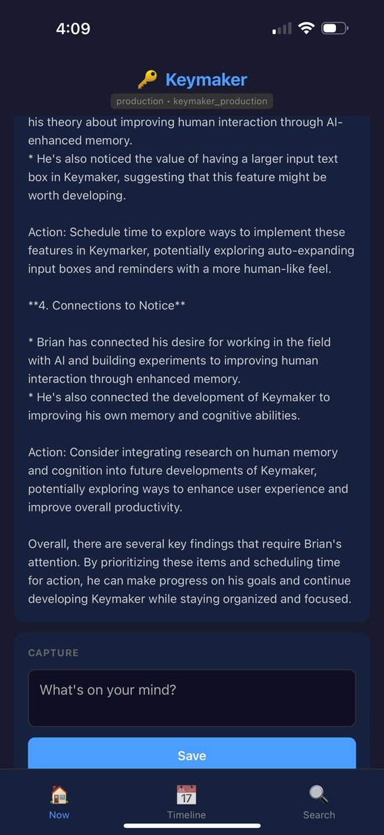 RidgetopAI's tweet image. It’s working. I’m only two days in this and Opus moved this forward last night by leaps and bounds. Switching to Write-Time-Digestion instead of reading every entry and then summarizing. 

This has legs. 
(The UI sucks pay not attention to that.)