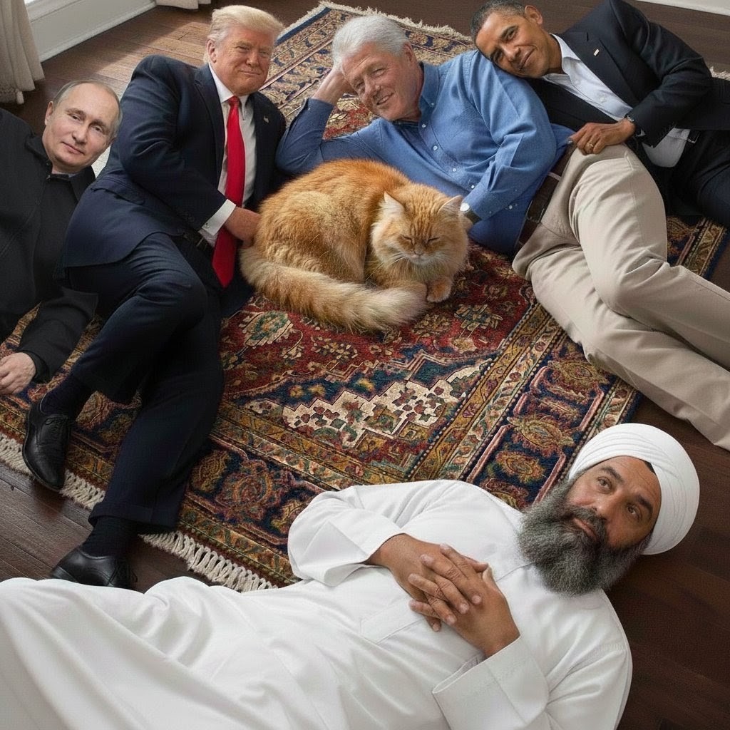 AlanDjinn's tweet photo. Can't believe I found this totally legit image of trump, Putin, bill Clinton, Obama, and this other guy chilling around this cat https://t.co/oor7hmju05