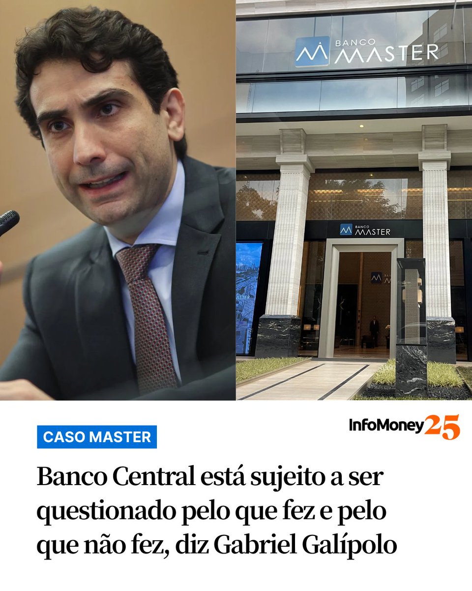 DESCONFORMIDADE EM CARTEIRA 

O presidente do Banco Central, Gabriel Galípolo, afirmou nesta terça (25) que a autarquia está sujeita a ser questionada tanto por ações que tomou quanto por omissões, no contexto da investigação sobre o Banco Master.

Segundo ele, para a tomada de