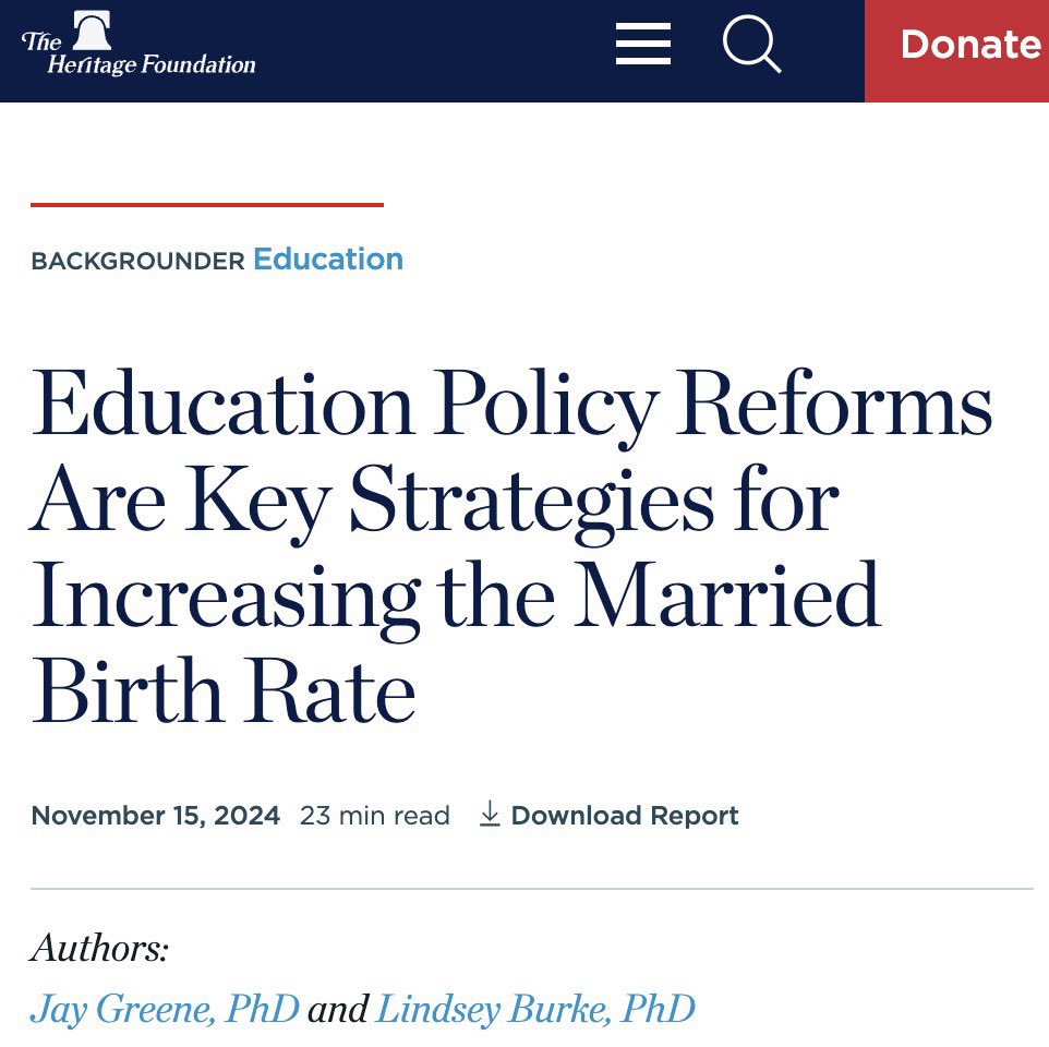 ms_frazzled's tweet image. BREAKING: Lindsey Burke (who wrote the education chapter of Project 2025 and is now working inside the Department of Education) has co-authored a plan saying the government should make cuts to education in order to increase the “married birth rate.”