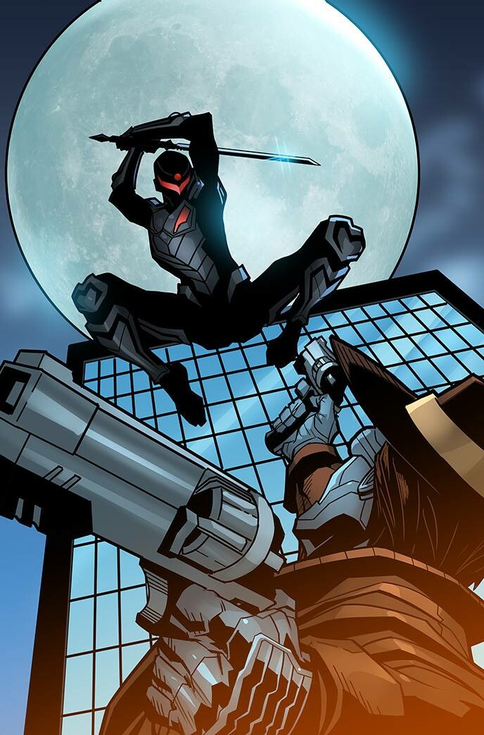 Has a hi-tech ninja and robot cowboy ever been about to throw down before? Not really sure but I drew this anyway a while ago so here ya go! Great colours by <a href="/mennyo/">Emmanuel Ordaz</a> .