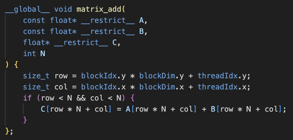 juansensio's tweet image. #CUDA Día 10/100 El siguiente `kernel` se encarga de sumar dos matrices. Si has seguido los posts anteriores, debería ser bastante sencillo de entender. Usando los índices de los `threads` leemos los valores correspondientes de A y B y guardamos el resultado en C.