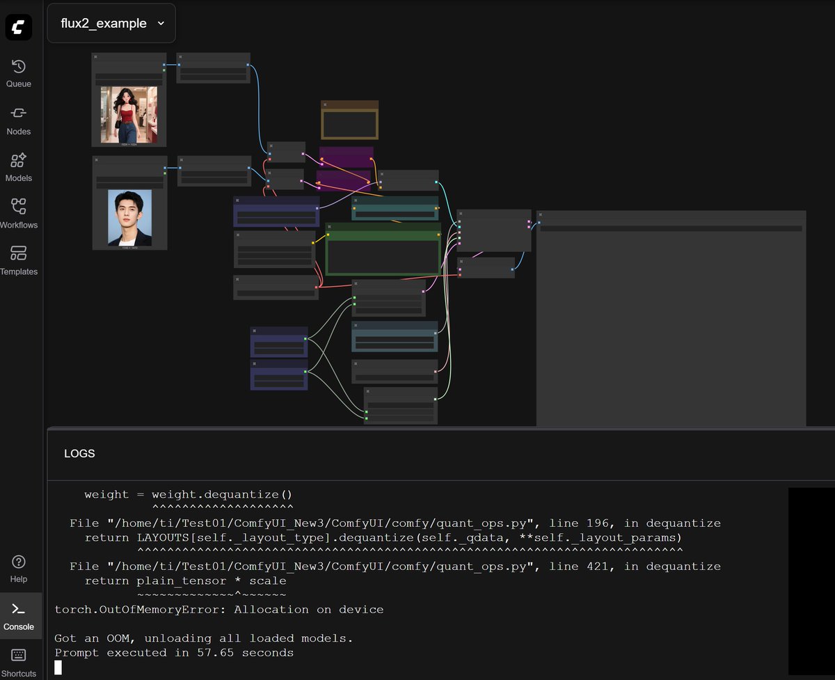 TechPractice1's tweet image. Trying Flux.2 fp8 with ComfyUI on a RTX3090. But got OOM error. The fp8 size is about 40GB. Text encoder is also 35GB. #Flux