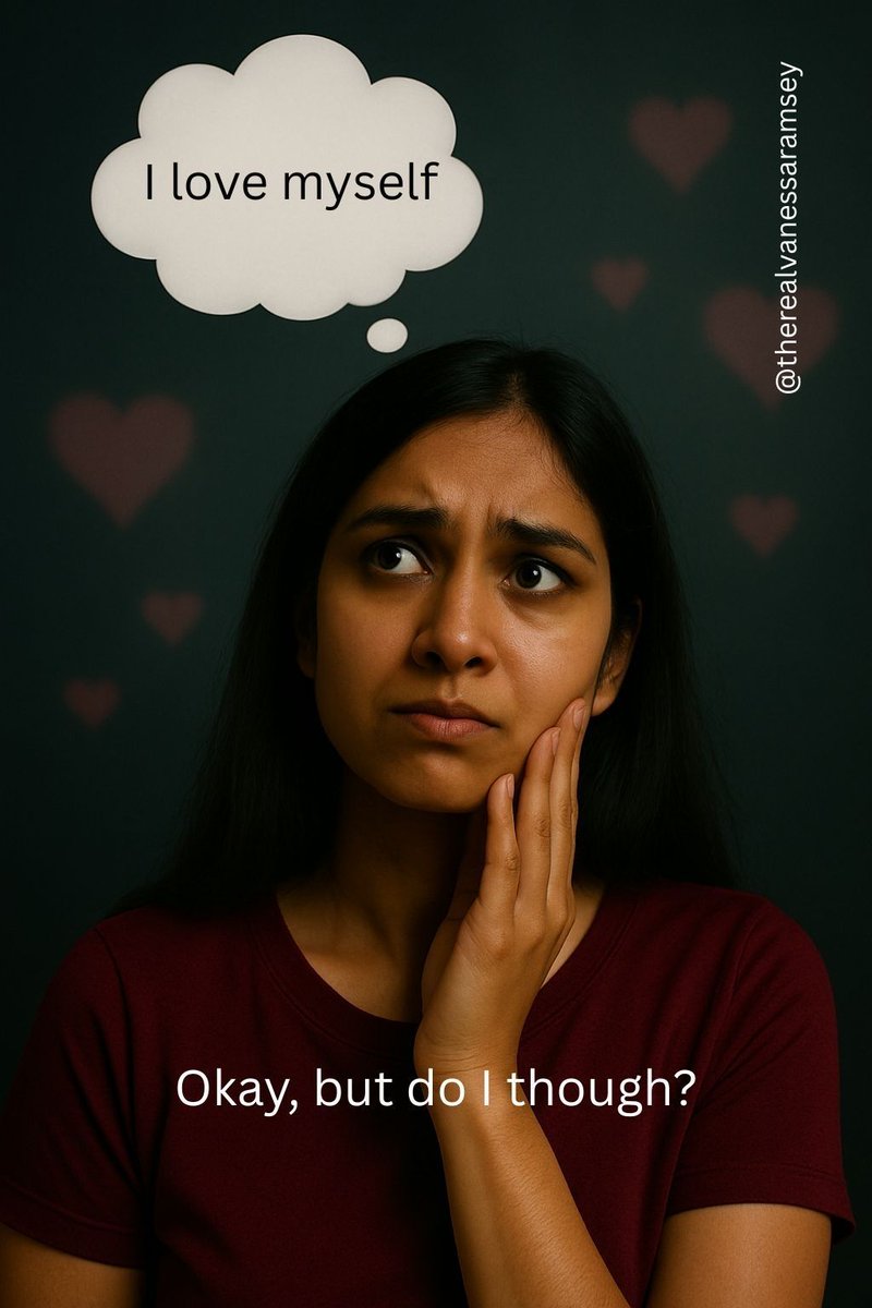 Vpramsey's tweet image. “I love myself.”
Okay… but do I though?

Affirmations don’t magically fix anything. They reveal the gap between what we want to feel and what’s actually true inside.
#Affirmations #EmotionalAwareness #InnerWork #HealingJourney