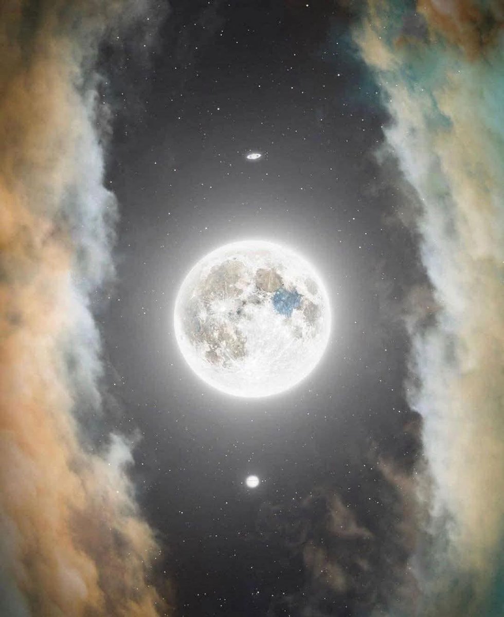 OrgPhysics's tweet image. Brightly Full Moon also showcases Saturn &amp;amp; Jupiter

Credit: @astronophilos