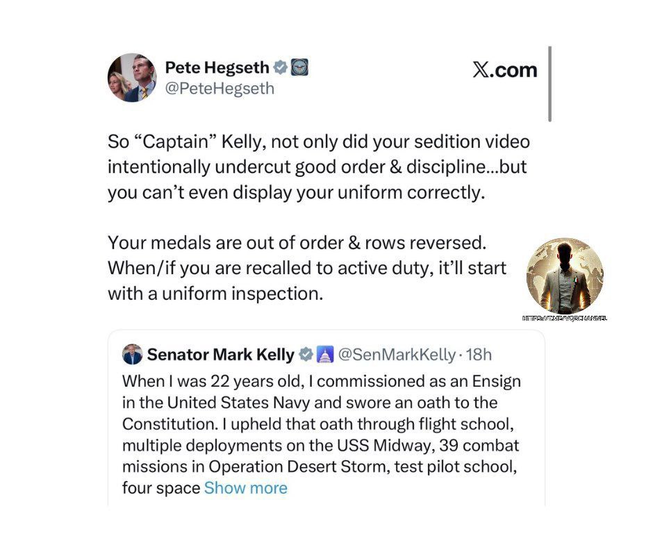 LadyAfro17's tweet photo. 25 novembre 2025, Stati Uniti 

"NEMMENO L'UNIFORME INDOSSA CORRETTAMENTE"

Il Segretario alla Difesa Pete #Hegseth ha un appunto sull'uniforme del senatore #Mark_Kelly:

"Quindi, 'Capitano' Kelly, non solo il suo video sedizioso ha intenzionalmente minato l'ordine e la disciplina... ma non è nemmeno in grado di indossare correttamente la sua uniforme".

"Le sue medaglie sono in disordine e le file sono invertite. Quando/se verrà richiamato in servizio attivo, inizierà con un'ispezione dell'uniforme".

#25novembre #26novembre 
#USA #Pentagono #PeteHegseth 
#Esercito #Kelly #AmericaNews 
#ThisIsNotForMe #NotInMyName 
#NonInMioNome

https://t.co/LP7j35HC2v