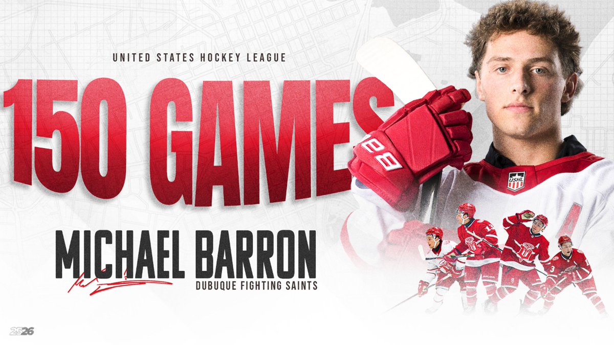 fightingsaints's tweet photo. Congratulations to Michael Barron on reaching 150 games played in the @ushl!

He is the 14th player to reach 150 games played for the Fighting Saints!

#HalosHigh https://t.co/TPVTqGH813