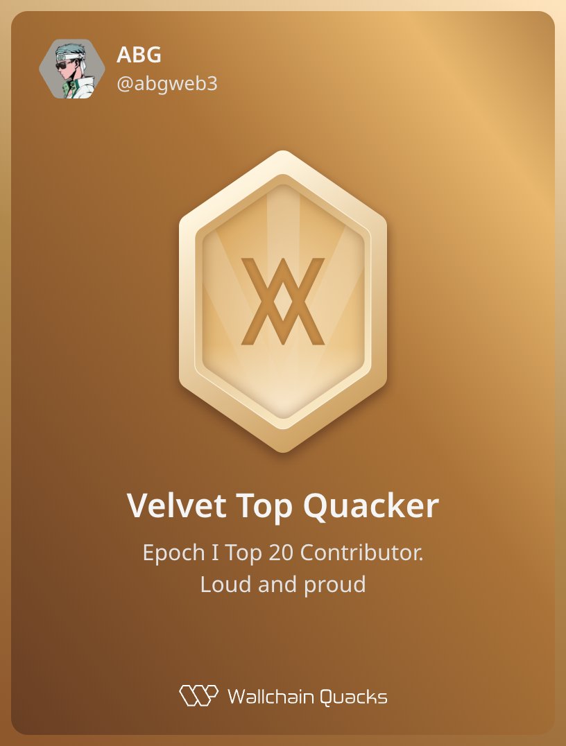 abgweb3's tweet image. Just unlocked the Velvet Top Quacker on @wallchain 🏆

How cool is that?

Feels great to have my contributions recognized.

How’s Wallchain Quacks been treating you so far?

Not on board yet? Drop a comment for an invite 👇🦆