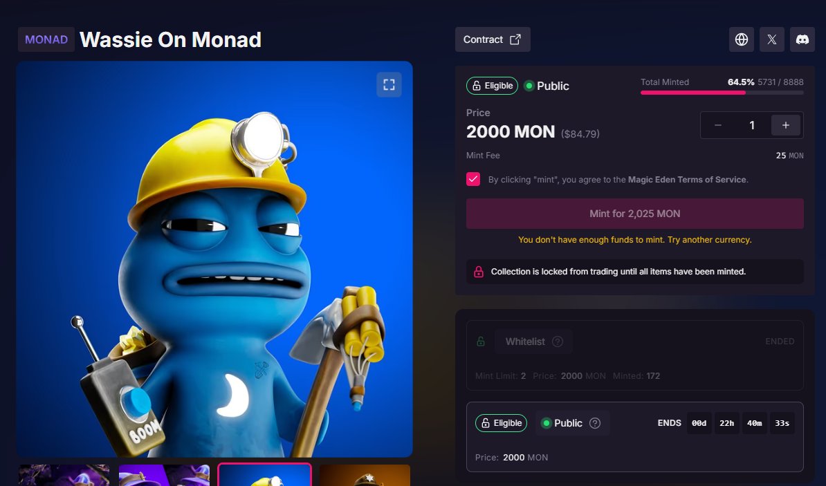 A brief history of <a href="/wassie/">wassie</a>  collections

<a href="/wassieonbera/">WassieOnBera</a>  collection was released in February. Mint price ~100$
Current price ~7$ (- 90% 😂 ) 
Utility - not found 

The whole point was that you could buy it in the summer for $10, burn it, and get a free collection of monad for it.