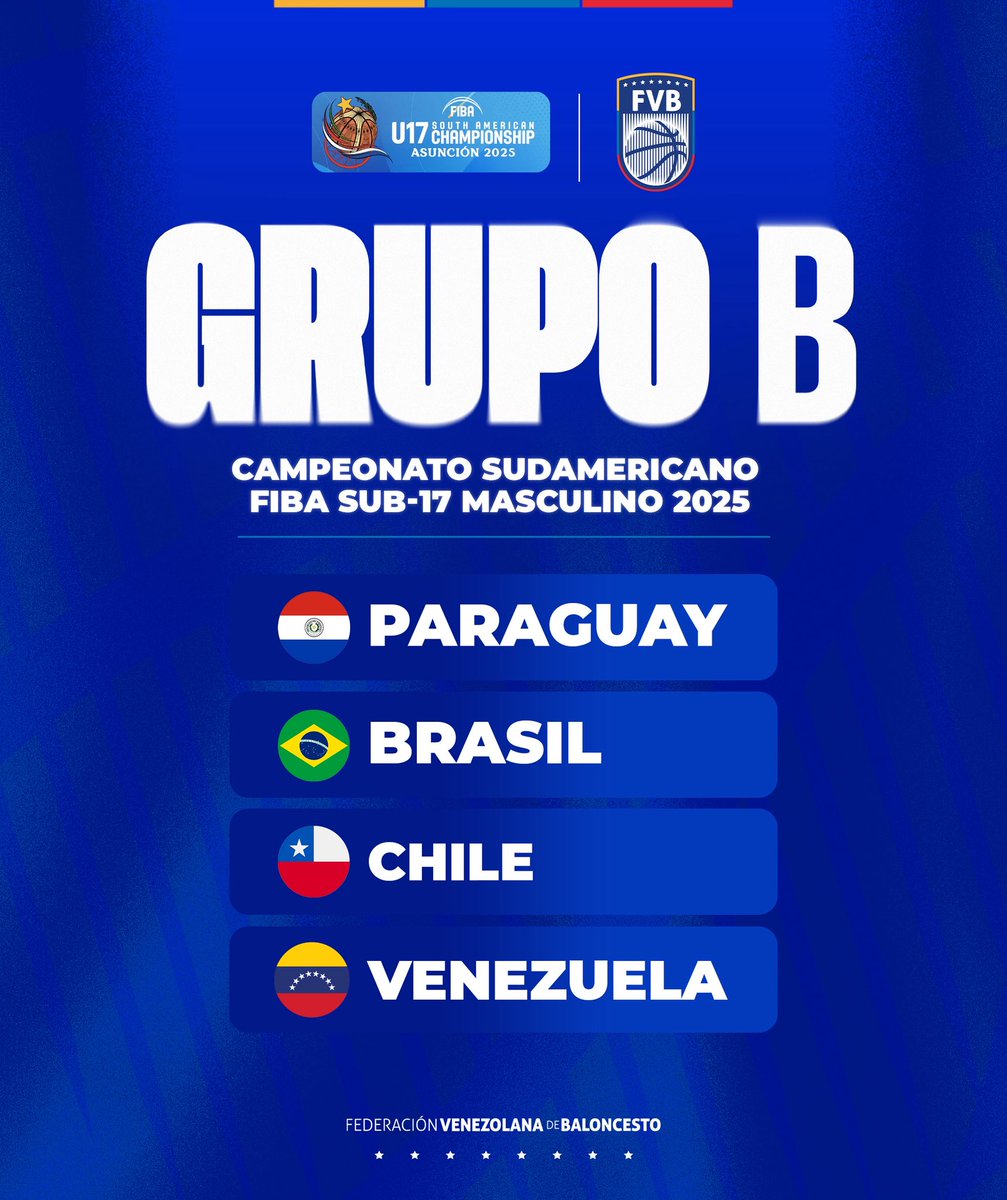 FVBbasketball's tweet image. 🏆 Venezuela conoció a sus rivales de grupo en el Campeonato Sudamericano FIBA Sub-17 Masculino 2025. 

ℹ️ Las tres primeras selecciones del evento clasificarán al FIBA AmeriCup Sub-18 Masculino de 2026. 

📍 Asunción, Paraguay 🇵🇾. 
📆 Del 10 al 14 de diciembre.

#U17