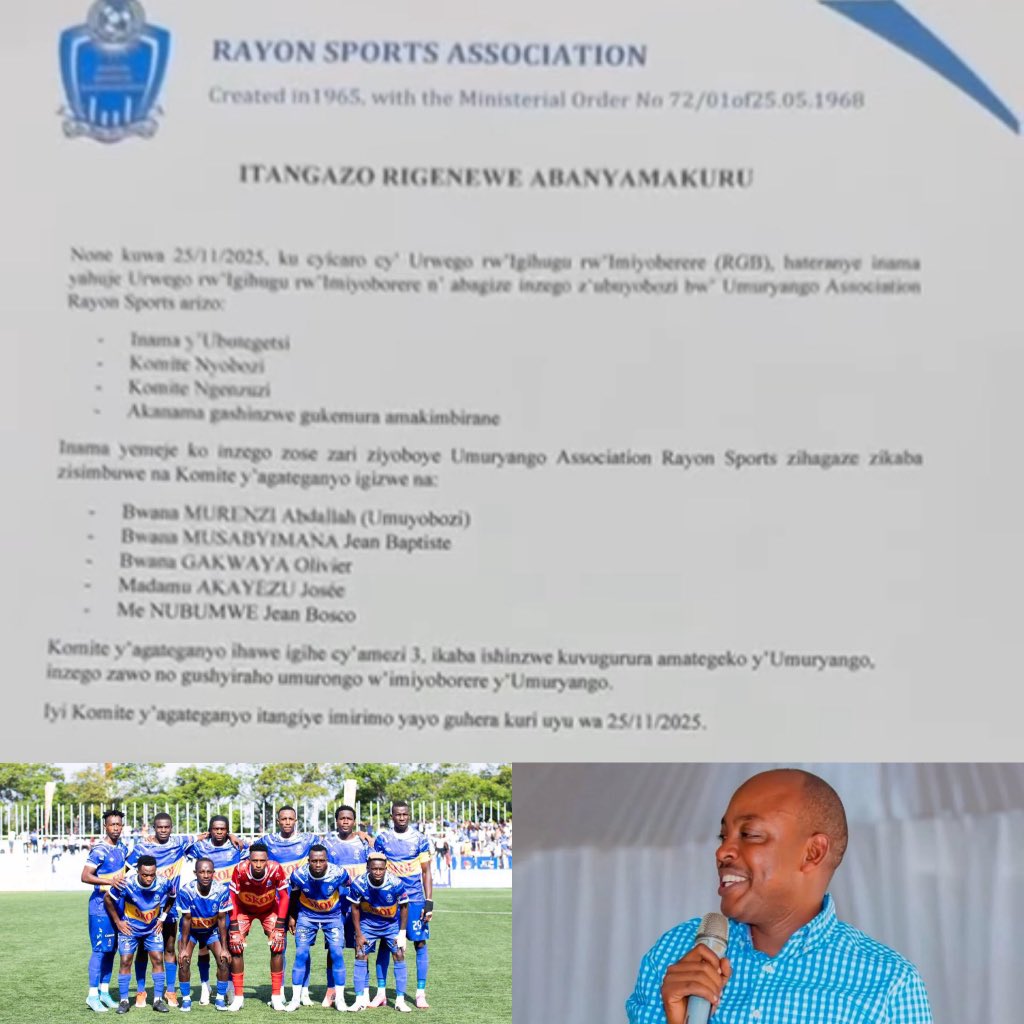 imfuraluc01's tweet photo. OFFICIAL: HASHYIZWEHO KOMITE NYOBOZI Y’AGATEGANYO IRAYOBORA @rayon_sports MU GIHE CY’AMEZI 3 HAGATUNGANYWA AMATEGEKO AZAHERWAHO HEMEZWA KOMITE NYOBOZI NSHYA YA RAYON SPORTS, AMATEGEKO AMAZE KUVUGURURWA. 

@bbkigalifm 89.7 FM https://t.co/XHhHz4G1Bf