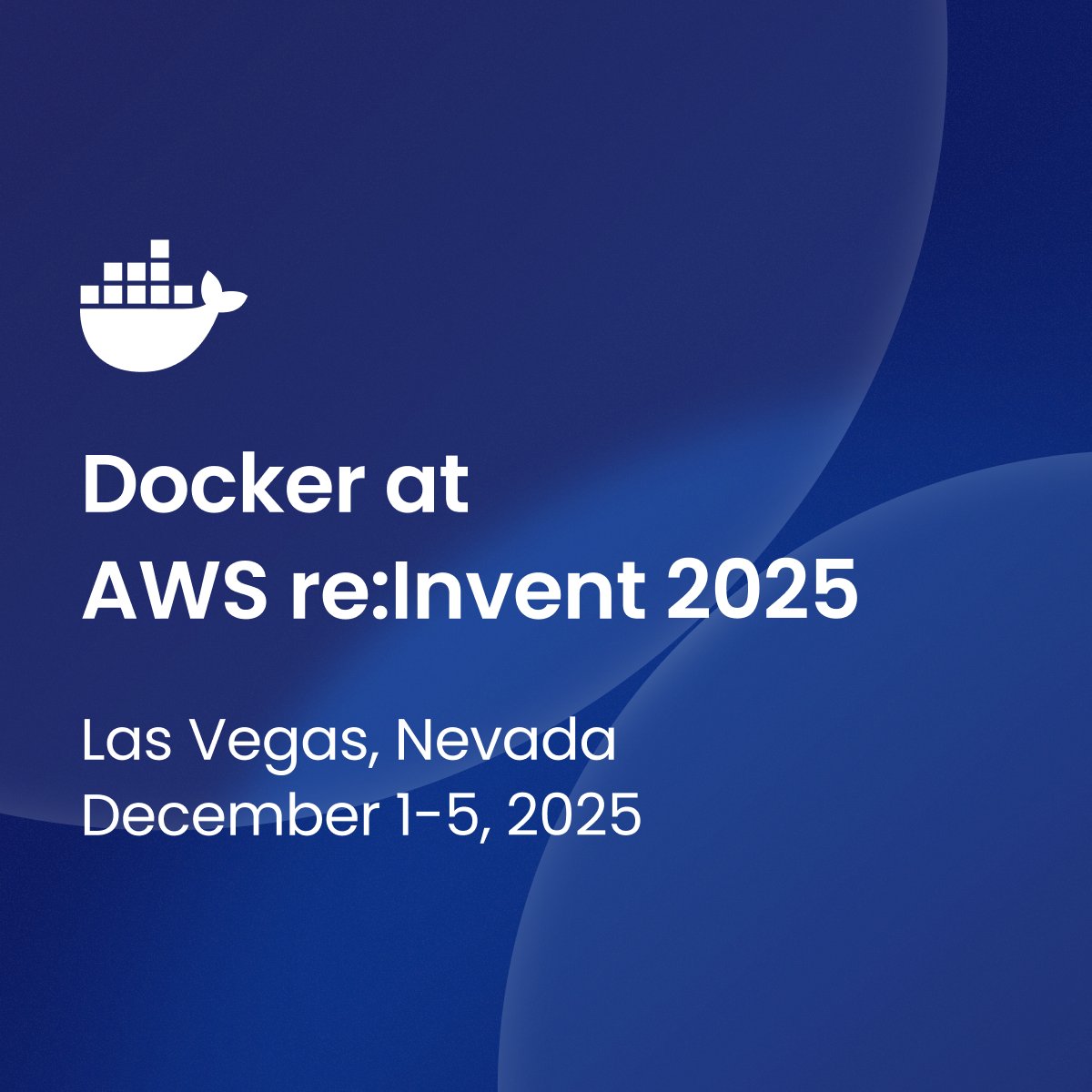 Docker's tweet image. Coming to AWS re:Invent? Let’s meet up.

You’ll find Docker at booth 1819 all week with live demos, talks, and the latest on AI agents, Model Runner, and secure cloud-native tooling.

Swing by, say hi, and see what we’ve been building.
bit.ly/4on95BU 

#Docker #reinvent…